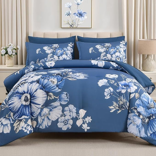 Queen Comforter Set - 7 Pieces Bed in a Bag Blue Floral Queen Comforter Set with Sheets, Soft Microfiber Flower Complete Bedding Set for All Seasons（Blue,90"x90"）