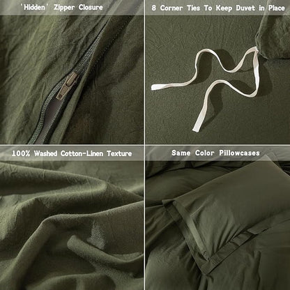 Olive Green Duvet Cover Oversize Queen Size, 100% Washed Cotton Bedding Set Cover 1 Duvet Cover 98inch x 98inch with Zipper Closure and 2 Pillowcases, Olive Green