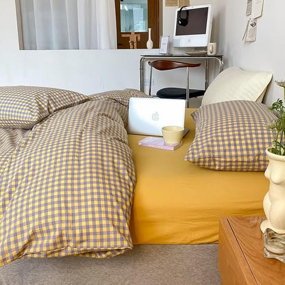 mixinni Yellow/Purple Gingham Comforter Set King, Plaid Comforter Set 3 Pieces 1 Vintage Grid Comfoter with 2 Pillow Cases for All Seasons, Soft Fluffy Modern Grid Pattern Printed Bedding-King Size