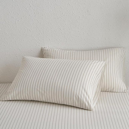 MooMee Bedding Pillowcases Striped Pack of 2 100% Washed Cotton Linen Like Textured Breathable Durable Soft Comfy (White Tannish Linen Grey Wide Stripes, Queen)