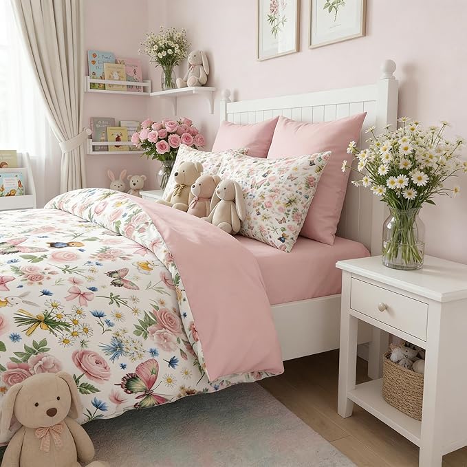 Pink Floral Comforter Set King Size for Girls, 3Pcs Light Pink Bow Butterfly Bedding for Priness Girly Bedroom Decor, Cute Rabbit Bear Quilt Set with 2 Pillowcases, 104"x90"