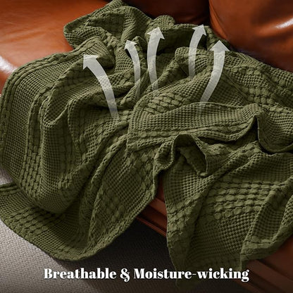 PHF 100% Cotton Waffle Weave Blanket Queen Size for Bed, Soft Lightweight & Breathable for Spring and Summer, All-Season Comfort, Luxury Aesthetic Blanket for Home Decor, 90"x90", Capulet Olive
