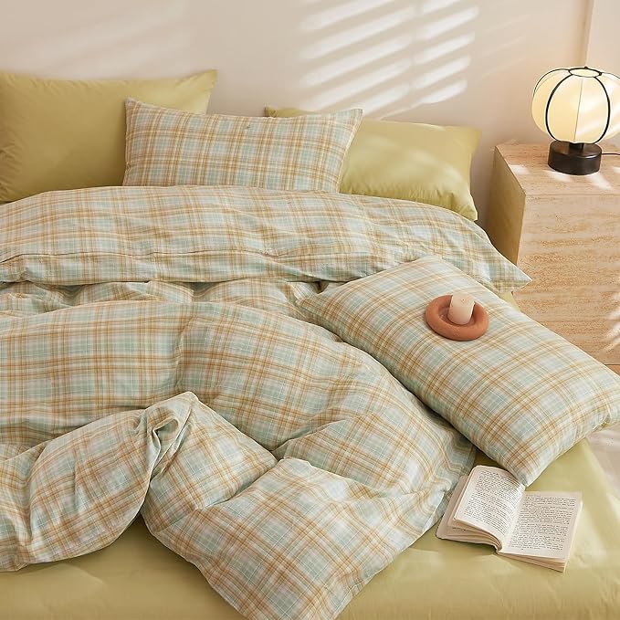 Plaid Comforter King Down Alternative Boho Bedding Set Washed Cotton Breathable Fluffy Comfy Bedding Comforter Sets Soft Cozy Farmhouse Patterned Bed Comforter with 2 Pillowcases