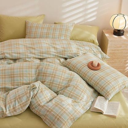 Plaid Twin XL Comforter Down Alternative Boho Bedding Set Washed Cotton Breathable Fluffy Comfy Bedding Comforter Sets Soft Cozy Farmhouse Patterned Bed Comforter with 2 Pillowcases