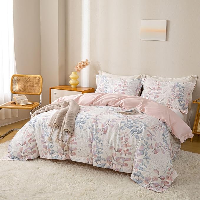 OAITE Duvet Cover Set Queen Size Floral Pattern Ultra Soft 100% Cotton Duvet Cover Sets 3-PC, Breathable Duvet Cover with Zipper Closure & Corner Ties(2 Pillow Shams,1 Duvet Cover)