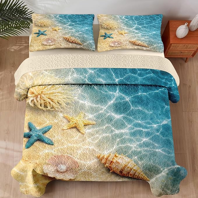 Quilt Set Full/Queen Size, Summer Beach Seashell 3 Pcs Soft Bed Cover Bedding Set for Kids and Adults, Blue Ocean Sea Shell Lightweight Bedspread Coverlet with Pillow Sham for All Season