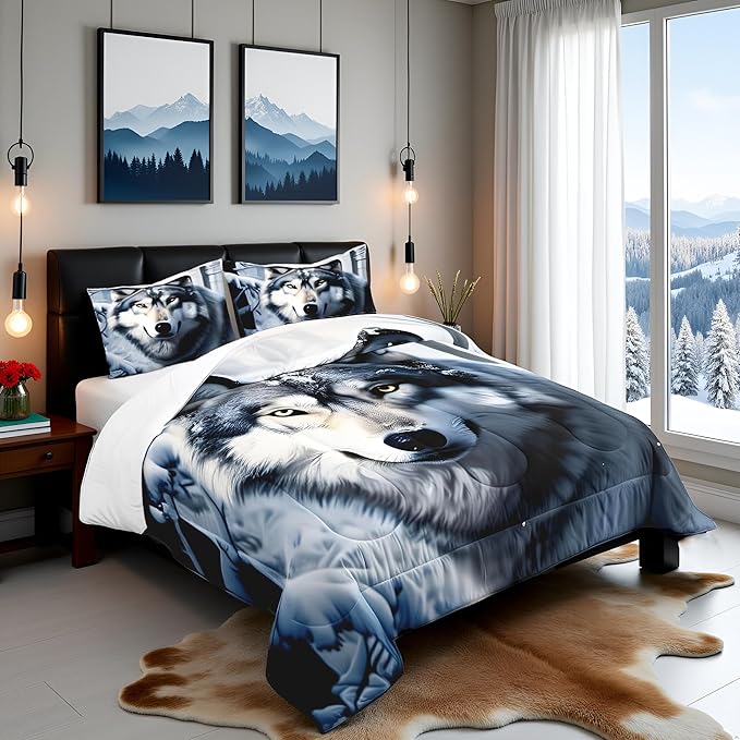 Castle Fairy Wolf Comforter Set Twin Size,Nature Wild Animals Quilt Set 2pcs,3D Print Winter Snow View Bedding Set for Kids Teens Adults Home Decor,White Black Microfiber with 1 Pillowcase