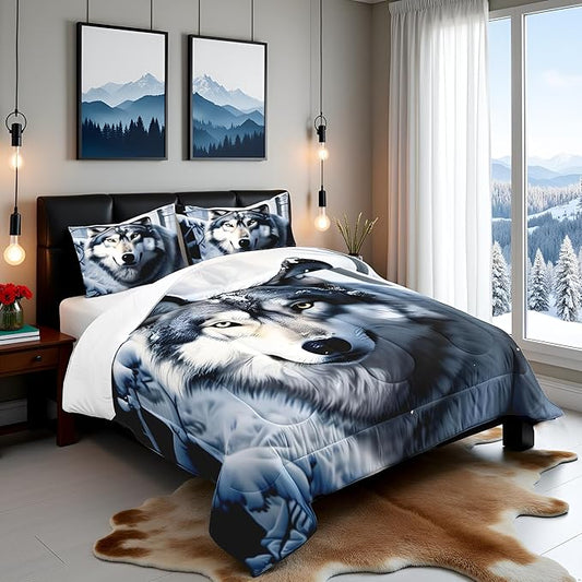 Castle Fairy Wolf Comforter Set Twin Size,Nature Wild Animals Quilt Set 2pcs,3D Print Winter Snow View Bedding Set for Kids Teens Adults Home Decor,White Black Microfiber with 1 Pillowcase