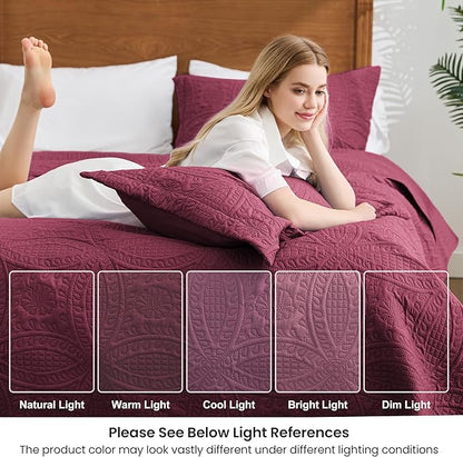 Love's cabin Oversized King Size Quilt Bedding Set Burgundy Bedspreads - Oversized King Lightweight Bedspread Comforter - Coin Pattern Coverlet for All Season - 3 Pieces (1 Quilt, 2 Pillow Shams)
