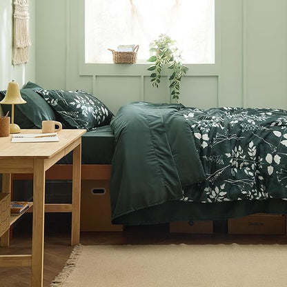Bedsure Forest Green Twin XL Comforter Set - 5 Pieces Floral Bedding Sets Twin XL Bed in a Bag with Reversible Botanical Flowers Comforter, Sheets, Pillowcase & Sham