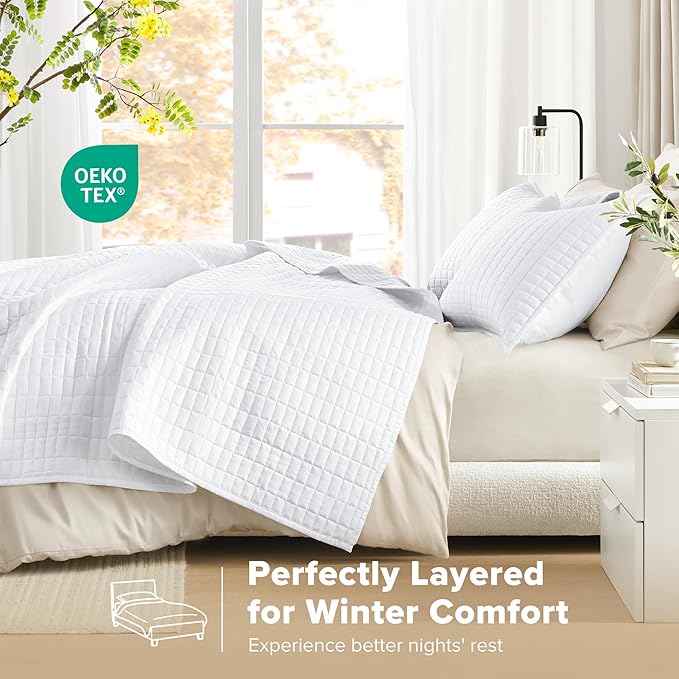Comfort Spaces Kienna Quilt Set- Double Sided Stitching Design Summer Blanket, Lightweight, Soft, All Season Bedding Layer, Matching Sham, White, Coverlet King (104"x90") 3 Piece