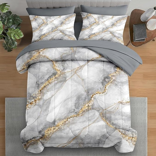 Comforter Set Twin Size, Marble Gold Stone 5 Pcs Bedding for Kids and Adults, Gray Vintage Retro Bed Sheet Sets with Fitted Sheet Pillowcase & Sham for Bedroom Bed Decor