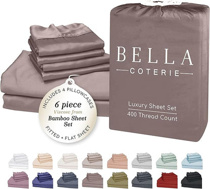 Bella Coterie 6 Piece Luxury Bamboo Viscose King Size Sheet Set | 100% Organically Grown | Cooling for Hot Sleepers | 18" Deep Pocket | Soft & Hypoallergenic | 4 Pillowcases [Mocha]