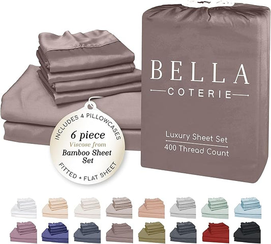 Bella Coterie 6 Piece Luxury Bamboo Viscose King Size Sheet Set | 100% Organically Grown | Cooling for Hot Sleepers | 18" Deep Pocket | Soft & Hypoallergenic | 4 Pillowcases [Mocha]