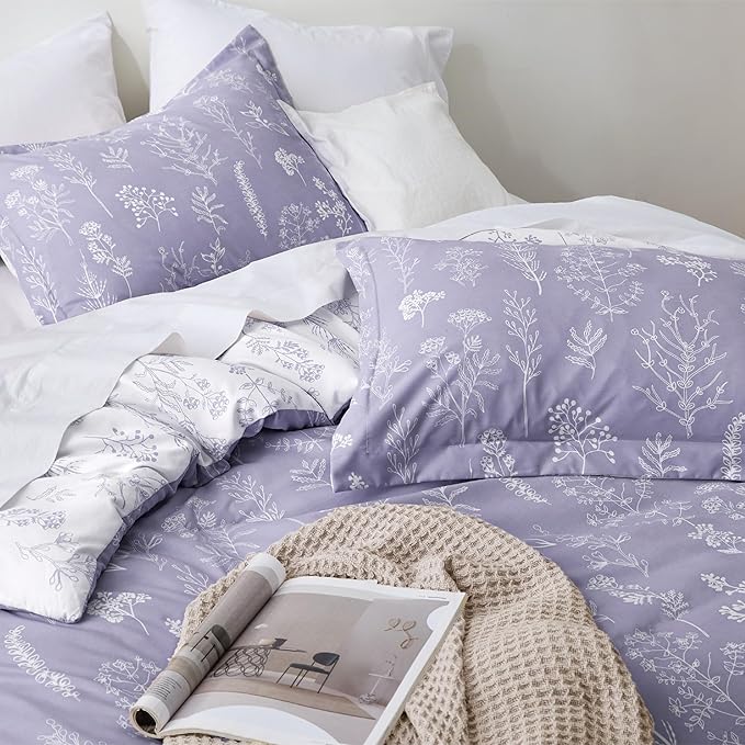 Bedsure Twin/Twin XL Duvet Cover - Reversible Purple Duvet Cover Set with Zipper Closure, 2 Pieces Cute Floral Patterned Bedding Set with 8 Corner Ties and 1 Pillow Sham