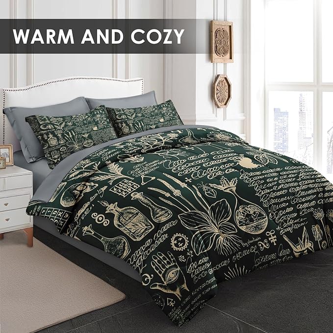 Comforter Set Queen Size, Retro Herbs 7 Pcs Bedding for Kids and Adults, Flower Vintage Leaf Bed Sheet Sets with Fitted Sheet 2 Pillowcases & 2 Shams for Bedroom Bed Decor