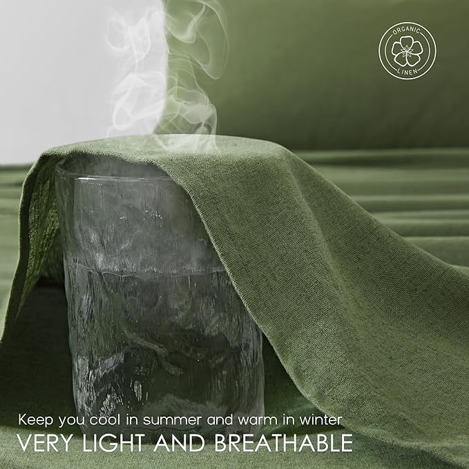 4Pcs Organic Linen Sheets King Size, 100% French Linen from Normandy, Breathable Forest Green King Sheet Set with 16 Inch Deep Pocket, 1 Flat Sheet, 1 Fitted Sheet, 2 Pillowcases