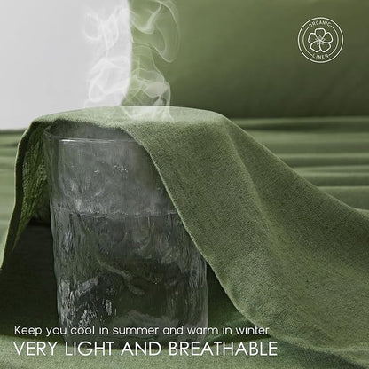 4Pcs Organic Linen Sheets California King Size, 100% Linen from Normandy, Breathable Forest Green Cal King Sheet Set with 16 Inch Deep Pocket, 1 Flat Sheet, 1 Fitted Sheet, 2 Pillowcases