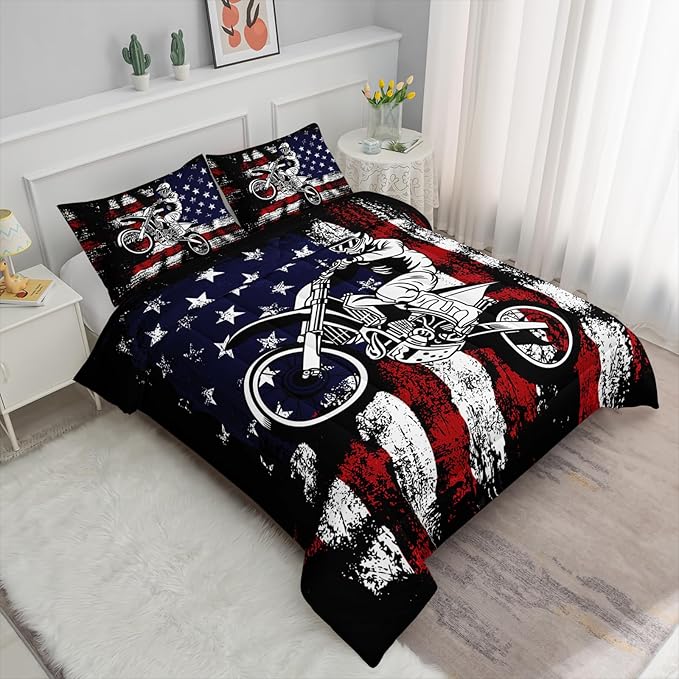 Axolotl Motivational Dirt Bike American Flag Bedding with White Red Stripes Stars Motorcycle Racer Comforter for Boys Kids Teens Men - 1 Quilt 2 Pillowcases