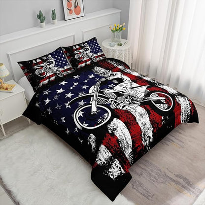 Axolotl Motivational Dirt Bike American Flag Bedding with White Red Stripes Stars Motorcycle Racer Comforter for Boys Kids Teens Men - 1 Quilt 2 Pillowcases
