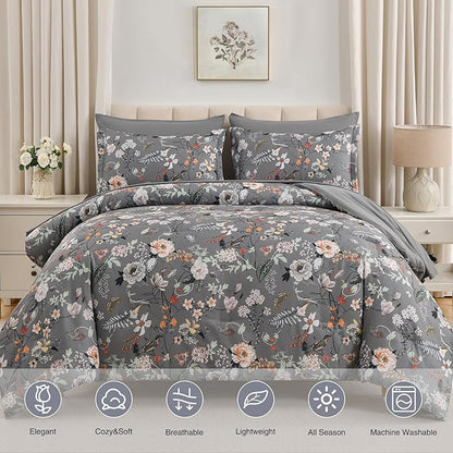 7 Piece King Comforter Set, Dark Grey Butterfly Floral Comforter Set with Flowers Leaves Pattern, Soft Microfiber Complete Bedding Set for All Season(Dark Grey, King)