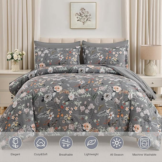 7 Piece King Comforter Set, Dark Grey Butterfly Floral Comforter Set with Flowers Leaves Pattern, Soft Microfiber Complete Bedding Set for All Season(Dark Grey, King)