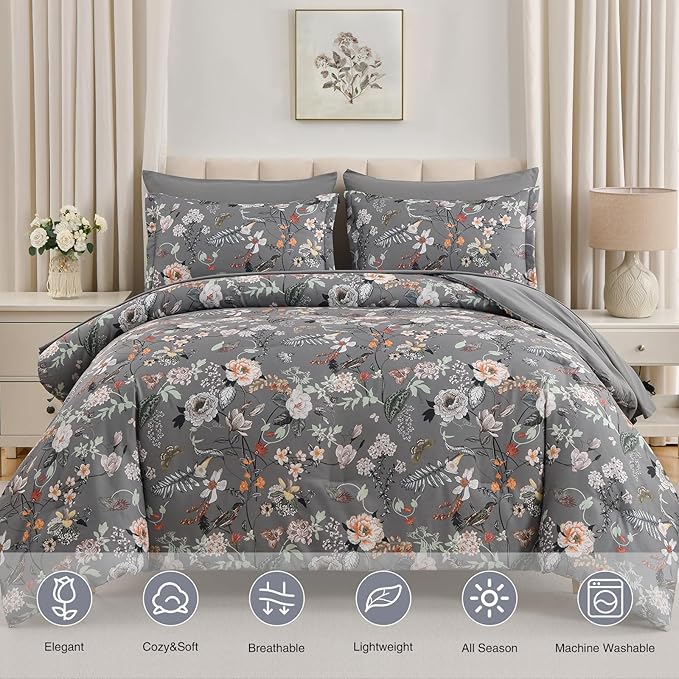 7 Piece Queen Comforter Set, Dark Grey Butterfly Floral Comforter Set with Flowers Leaves Pattern, Soft Microfiber Complete Bedding Set for All Season(Dark Grey, Queen)