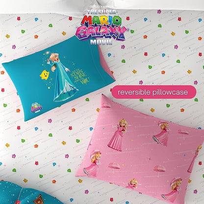 The Super Mario Galaxy Movie Bedding Set, Full Size 7 Piece Set Kids Super Soft Cozy Reversible Comforter and Sheet Set with Sham, Princess Peach (100% Officially Licensed Product) by Franco