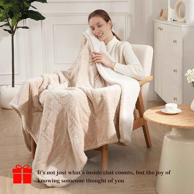 Electric Blanket Queen 84"x90" Heated Blanket Queen Size Dual Control Wheat Pattern Ultra-Soft Flannel & Thick Sherpa with 5 Heat Settings & 10H Auto Off, FCC/ETL Certified, Machine Washable, Beige
