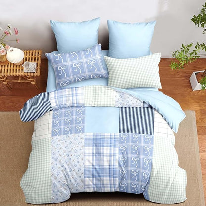 Nayoroom Plaid Duvet Cover Queen Size Reversible Blue Patchwork Checkered Duvet Cover Dorm Bedding Set 3 Pieces Soft Lightweight Washed Microfiber Farmhouse Bedding Set Gifts for Women Men