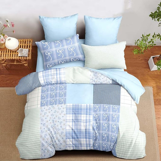 Nayoroom Plaid Duvet Cover Queen Size Reversible Blue Patchwork Checkered Duvet Cover Dorm Bedding Set 3 Pieces Soft Lightweight Washed Microfiber Farmhouse Bedding Set Gifts for Women Men