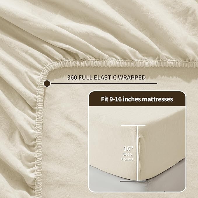 LBRO2M 100% Pure Linen Sheet Set Deep Pocket Up to 16" Bed Sheets Sets, Natural Flax Beddings Soft, Breathable, Comfortable for All Seasons 6 Pcs Sheet Set Cal King Size, Beige