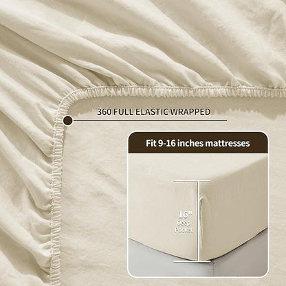 LBRO2M 100% Pure Linen Sheet Set Deep Pocket Up to 16" Bed Sheets Sets, Natural Flax Beddings Soft, Breathable, Comfortable for All Seasons 4 Pcs Sheet Set California King Size, Beige