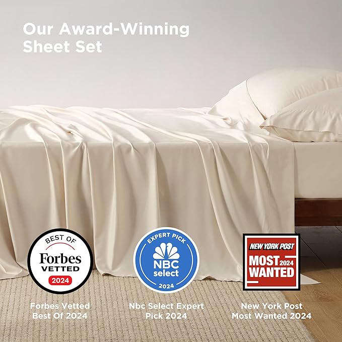 Bedsure California King Sheet Sets, Cooling Sheets, Rayon Derived from Bamboo, PureWoven, Breathable & Soft, Deep Pocket Up to 16 Inches, Hotel Luxury Silky Bedding for Hot Sleepers, Light Beige