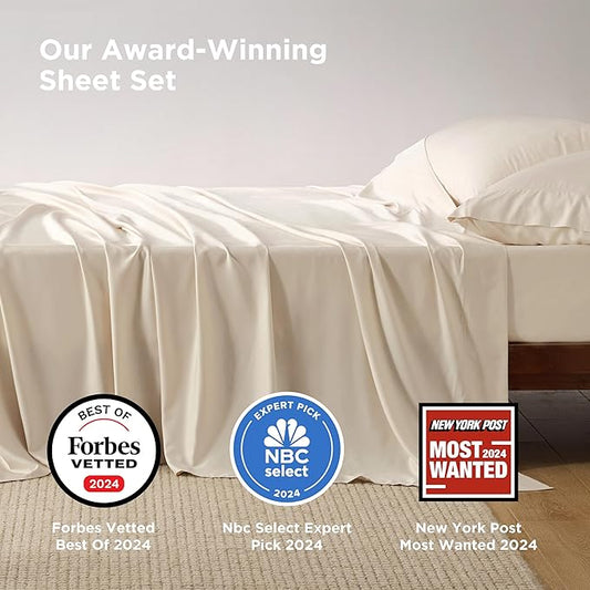 Bedsure California King Sheet Sets, Cooling Sheets, Rayon Derived from Bamboo, PureWoven, Breathable & Soft, Deep Pocket Up to 16 Inches, Hotel Luxury Silky Bedding for Hot Sleepers, Light Beige
