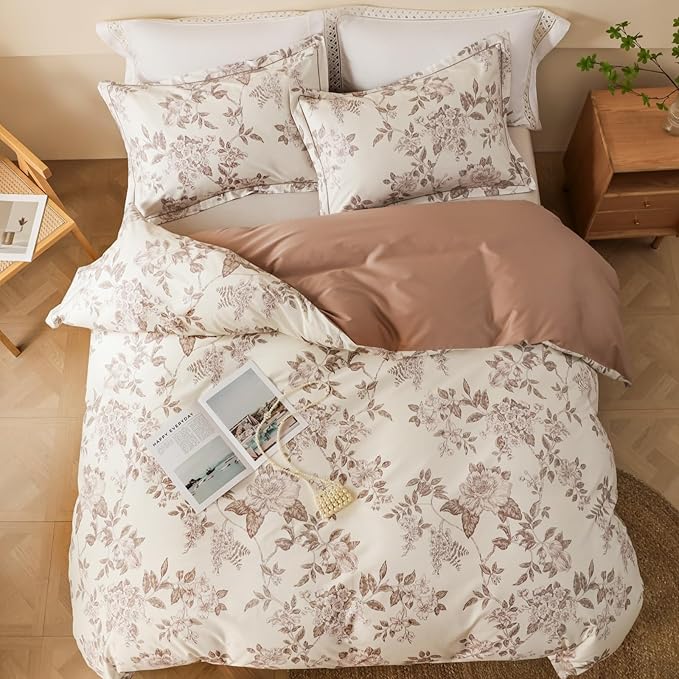 Duvet Cover Set Queen Size Floral Pattern 600 Thread Count Ultra Soft 100% Long Staple Cotton Duvet Cover Sets 3-PC, Breathable Duvet Cover with Zipper Closure & Corner Ties