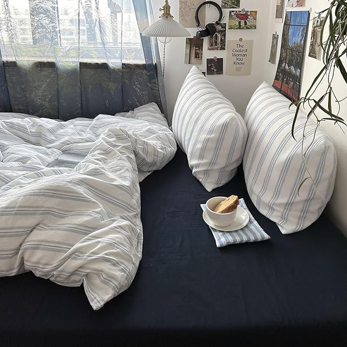 mixinni Vintage Blue & White Striped Duvet Cover Set - 3 Piece 100% Washed Cotton Queen Size Bedding | Minimalist Relaxed Style | Ultra Soft Breathable, with Zipper Closure & Corner Ties-Queen Size