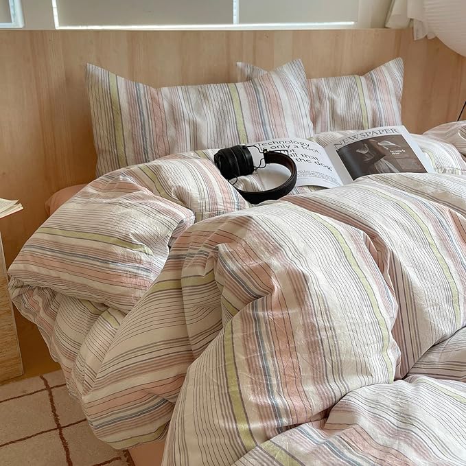 EAVD Pink Blue Yellow Striped Duvet Cover Full Soft Washed Cotton Bedding Set 3 Pieces Pinstriped Bedding Set with 2 Pillowcases Reversible Farmhouse Geometric Pattern Duvet Cover with Zipper