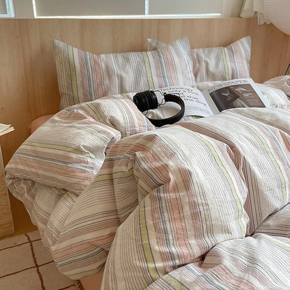 EAVD Pink Blue Yellow Striped Duvet Cover Full Soft Washed Cotton Bedding Set 3 Pieces Pinstriped Bedding Set with 2 Pillowcases Reversible Farmhouse Geometric Pattern Duvet Cover with Zipper