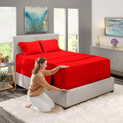 Nestl Queen Extra Deep Pocket Sheet Set - Cherry Red, 4 Piece, Microfiber, 18-24 Inches Deep, Stripe Pattern