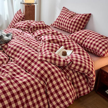 Checkered Duvet Cover Queen Red Washed Cotton Comforter Cover Queen Size Gingham Soft Boho Zipper Duvet Cover Set with 2 Pillow Cases Buffalo Plaid Girls Bedding Set Pattern Duvet Protector