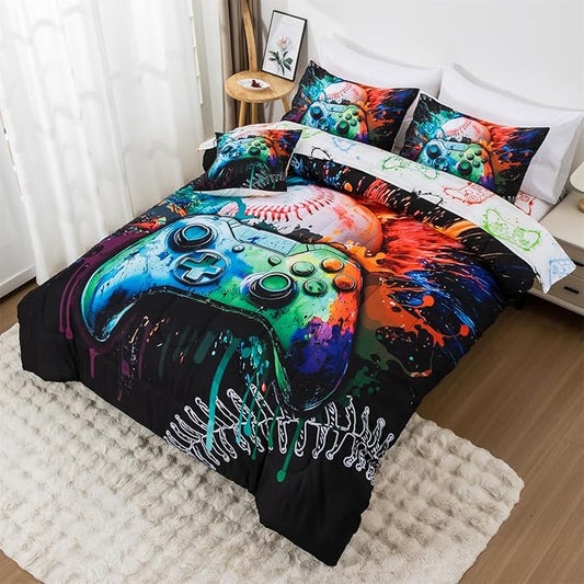Aimuan Gamer Gaming Bedding Sets 3D Gamepad Comforter Sets for Boys Games Console Action Buttons Novelty Colorful Game Controller Modern Room Decor Home Quilt Set (Green, Full 6Pcs)