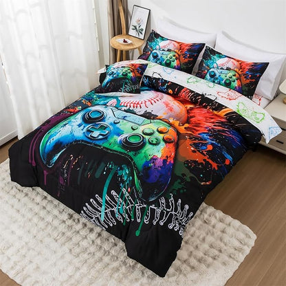 Aimuan Gamer Gaming Bedding Sets 3D Gamepad Comforter Sets for Boys Games Console Action Buttons Novelty Colorful Game Controller Modern Room Decor Home Quilt Set (Green, Twin 6Pcs)