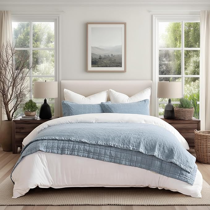 EVERGRACEHOME Stonewashed Cotton Quilt Set Queen Size, Ultra Soft Oversized Bedspread Coverlet Set, Lightweight Crinkle Box Stitch Bedding Sets for All Season, with 2 Matching Shams, Blue Linen