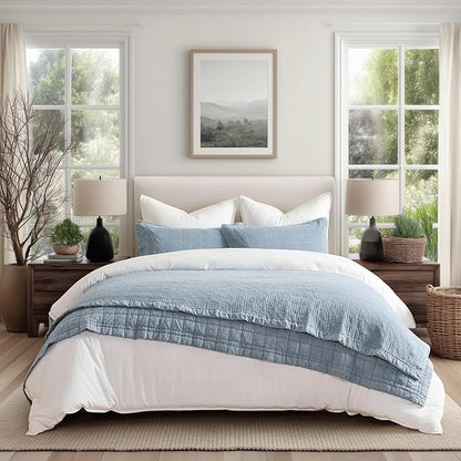EVERGRACEHOME Stonewashed Cotton Quilt Set Queen Size, Ultra Soft Oversized Bedspread Coverlet Set, Lightweight Crinkle Box Stitch Bedding Sets for All Season, with 2 Matching Shams, Blue Linen