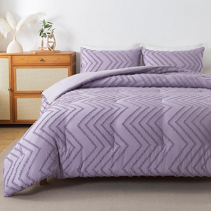 Andency Purple Comforter Set King Size, Boho Girls Women Lavender Soft Fluffy Warm Lightweight Bedding Comforter Sets for King Bed, 3 Pieces Chevron Tufted Aesthetic Microfiber Comforter Set