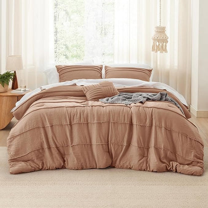 Bedsure Queen Comforter Set - 4 Pieces Pinch Pleat Bed Set, Taupe Boho Bedding for All Season, 1 Soft Comforter, 2 Pillowcases, 1 Decorative Pillow