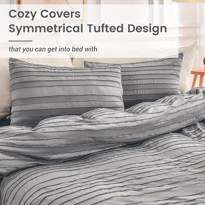 NEXHOME PRO Duvet Cover Queen,Grey 3 Pieces Boho Tufted Duvet Cover Set, Soft and Lightweight 100% Washed Microfiber Comforter Cover Set for All Season(Grey Queen, 90 x 90)-No Comforter