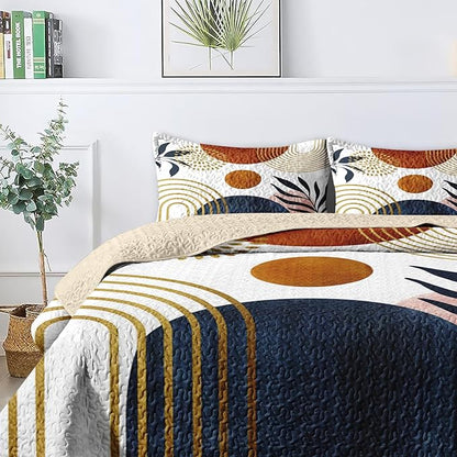 Quilt Set Full/Queen Size, Gold Yellow Mid Century 3 Pcs Soft Bed Cover Bedding Set for Kids and Adults, Sun Boho Geometric Leaf Lightweight Bedspread Coverlet with Pillow Sham for All Season