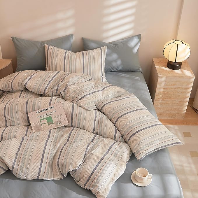 EAVD Striped Comforter Set King Multi-Color Striped Bedding Comforter Set 3 Pieces Farmhouse Geometric Bedding Set with 2 Pillowcases for All-Season Soft Fluffy Lightweight
